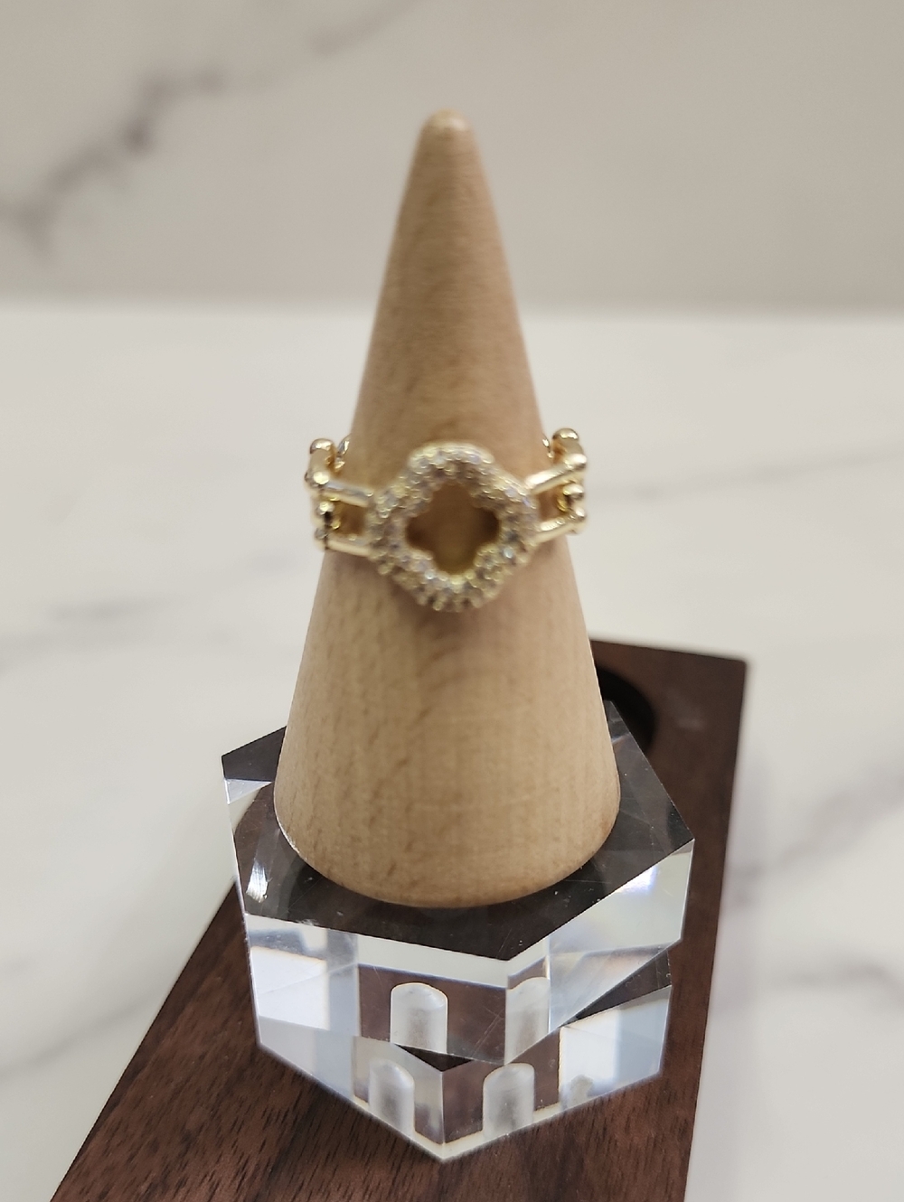 Sparkly Hollow Clover Adjustable Gold Filled Ring
